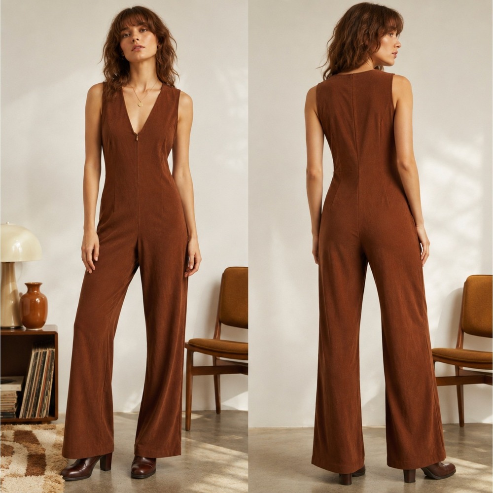 VTG Hugo Buscati Brown Faux Suede Jumpsuit 10 Wide Leg Sleeveless Minimalist